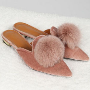 NEW POL blush pink velvet mules with fur pom pom